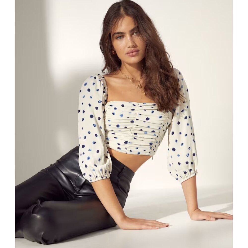 Ivory Polka Dot Ruched Crop Top with Puff Sleeves